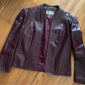 G by Giuliana Burgundy Faux Leather Collarless Blazer
